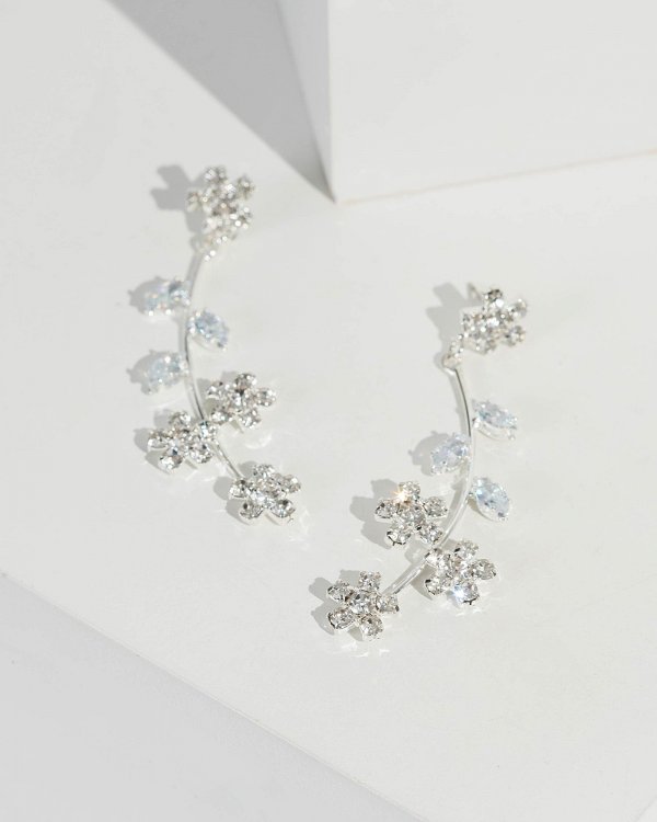 Silver Sml Crystal Flower And Leaf Drop Earrings