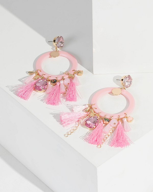 Pink Statement Charm Tassel Drop Earrings