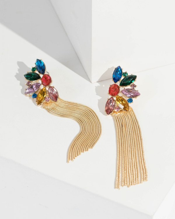 Multi Colour Crystal Flower Chain Tassel Earrings